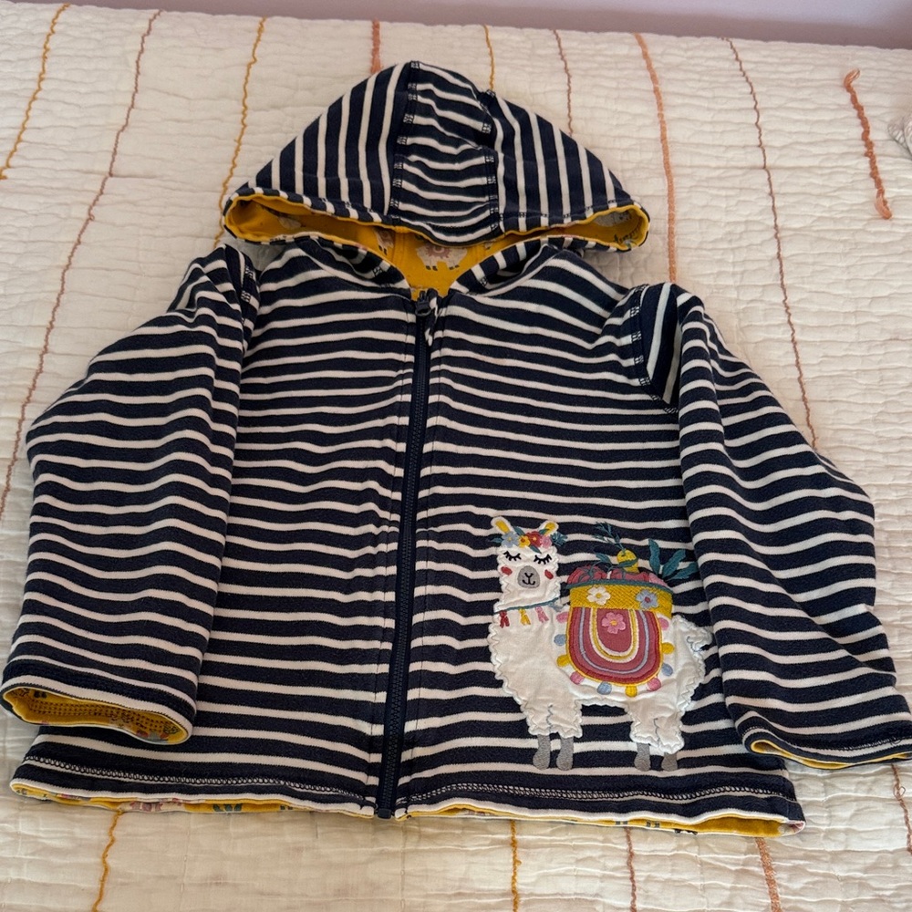 JoJo Maman Bebe Navy Striped Kids coat with Llama Patch